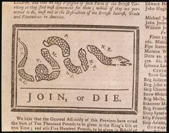 Join, or Die, cartoon in The Pennsylvania Gazette